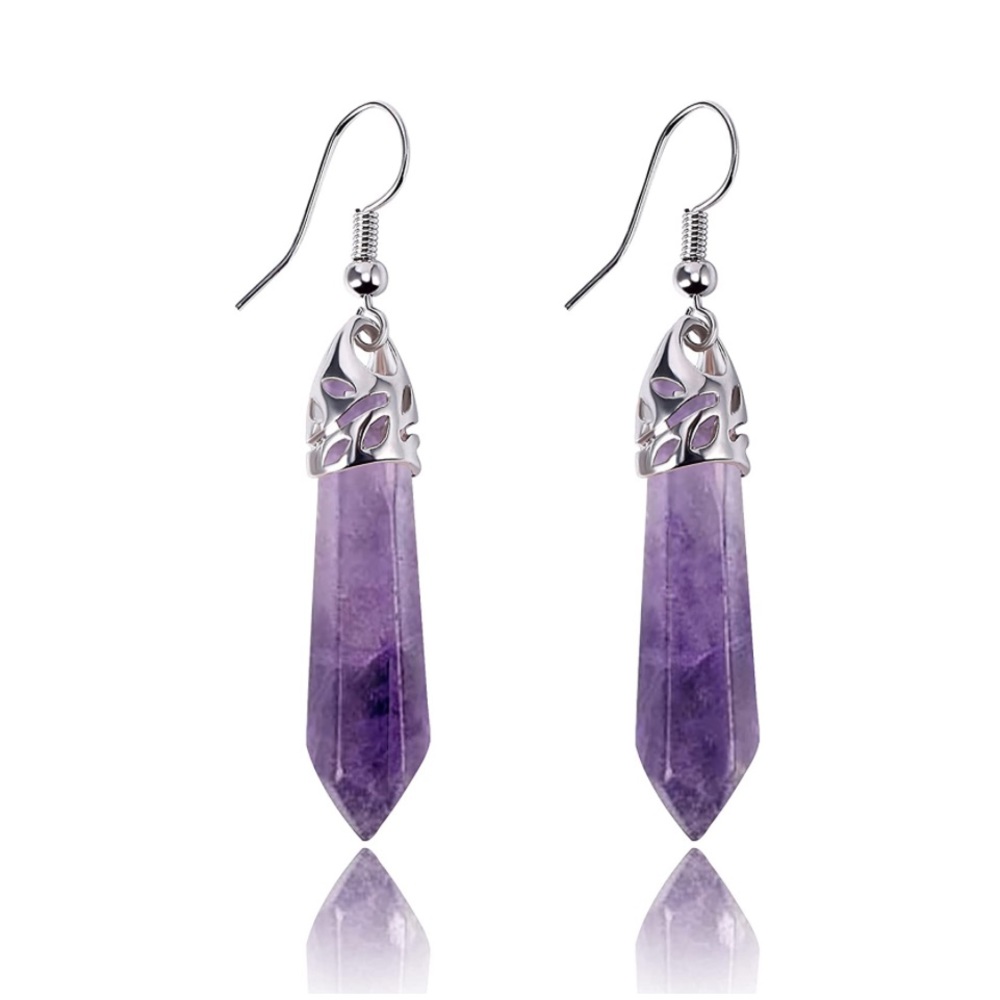 NWT Real Amethyst Stone Healing Point Crystal Chakra Dangle Earrings